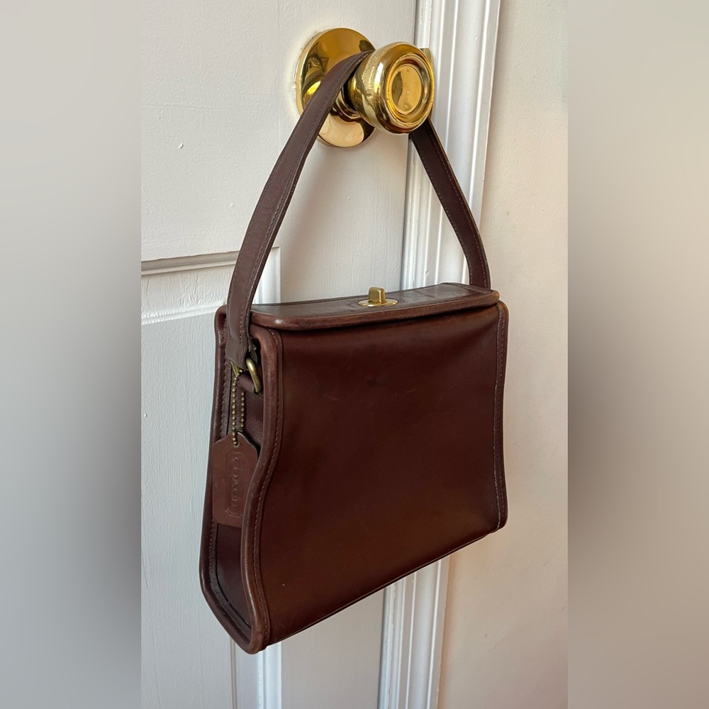 Rare COACH “Geometric” VINTAGE 90s brown leather square box handbag authentic